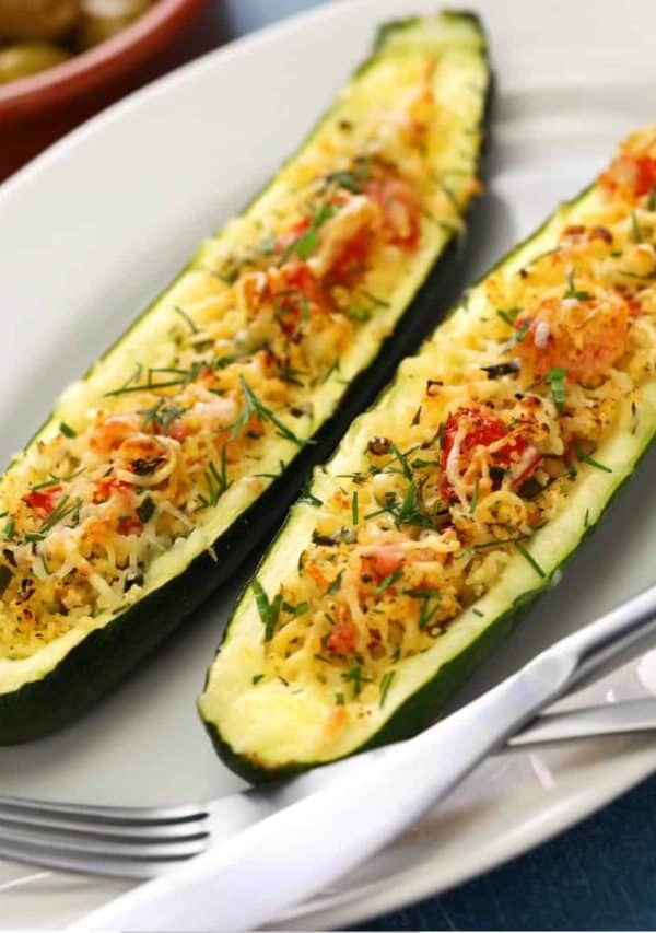 Close up image of Two Vegetarian Zucchini Boats