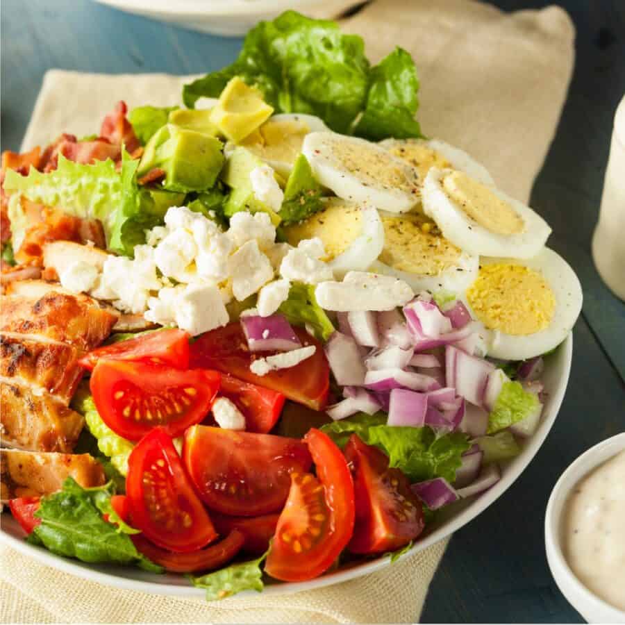 Overhead image of Chicken Cobb Salad in a large bowl