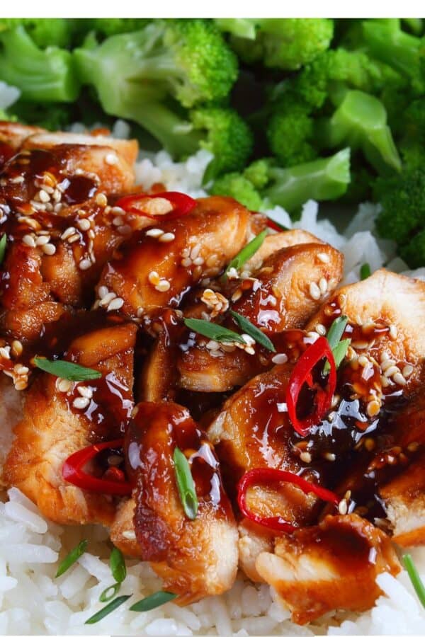 Grilled Teriyaki Chicken on a bed of rice with broccoli