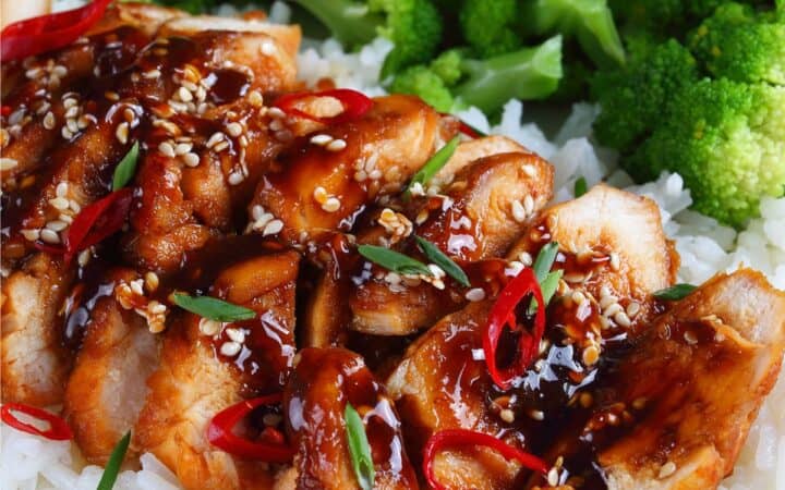 Grilled Teriyaki Chicken on a bed of rice with broccoli