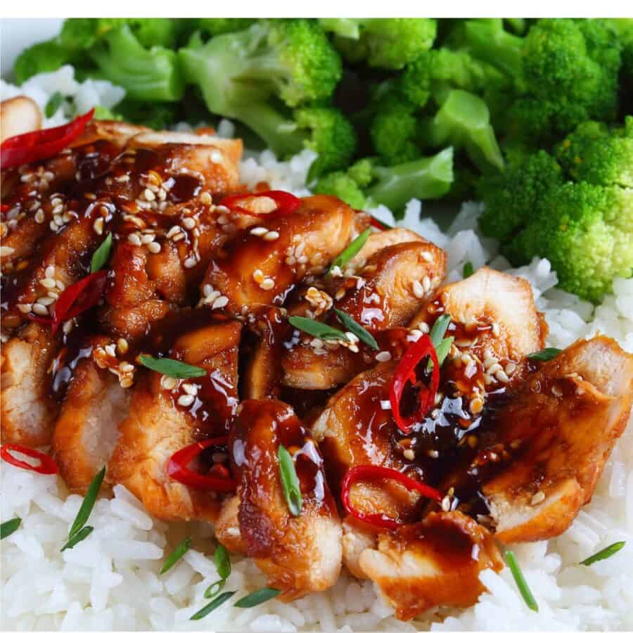 Grilled Teriyaki Chicken on a bed of rice with broccoli