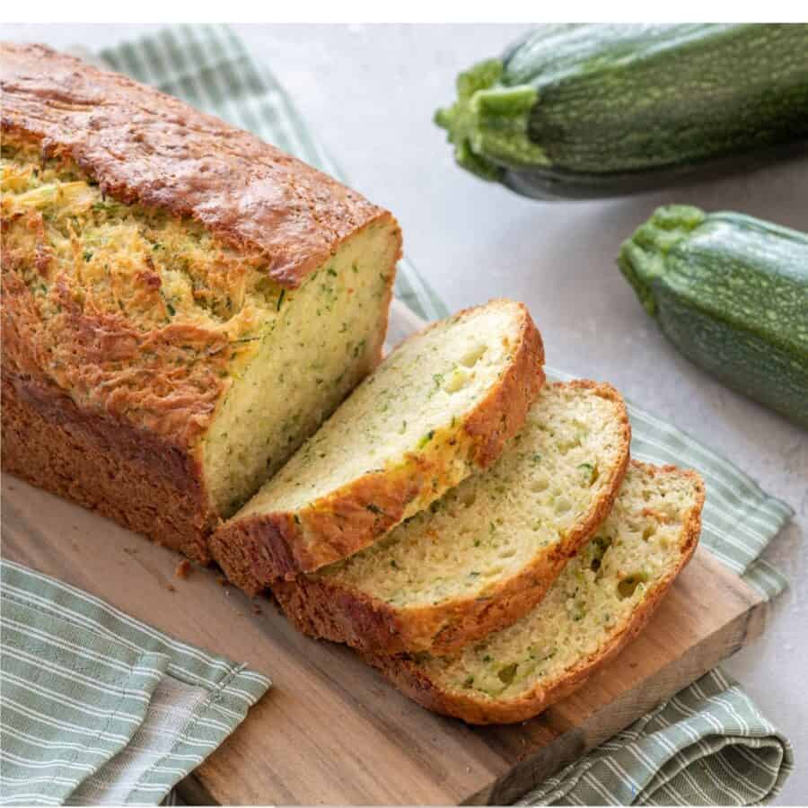 Overhead image of sliced Lemon Zucchini Bread