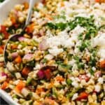 Close up image of Mexican Street Corn Salad in a white bowl - 8