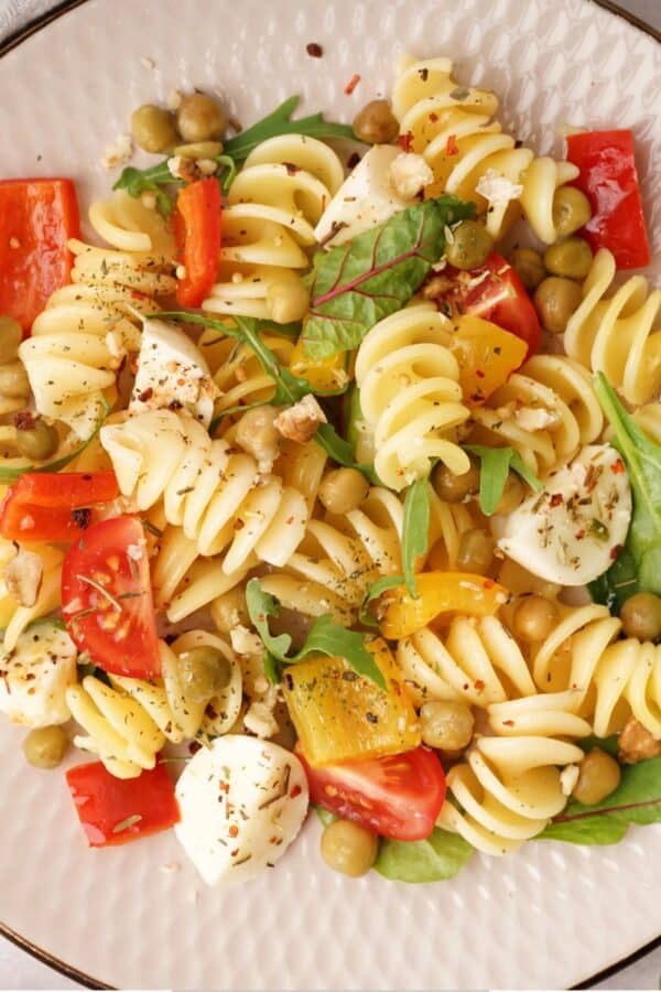 Overhead image of Vegan Pasta Salad on a white plate