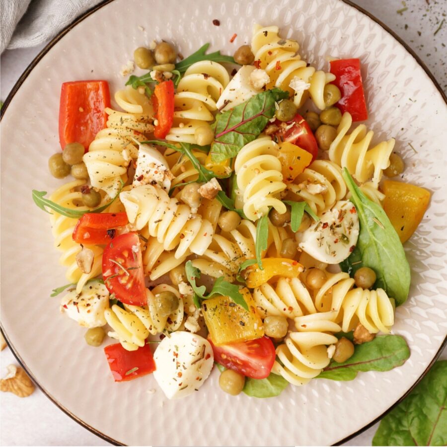 Overhead image of Vegan Pasta Salad on a white plate