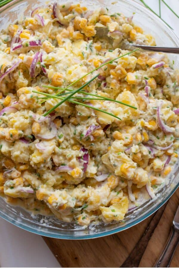 Overhead image of Vegan Potato Salad in a glass bowl