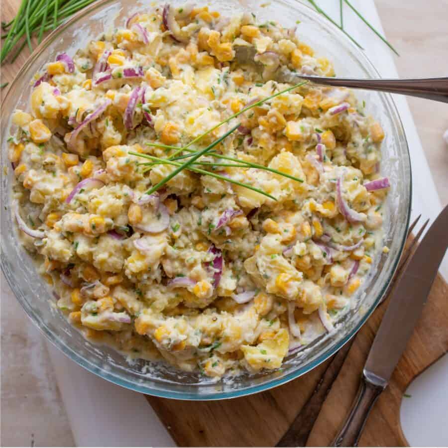 Overhead image of Vegan Potato Salad in a glass bowl