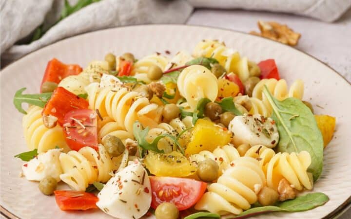 Close up image of Vegan Pasta Salad on a decorative plate