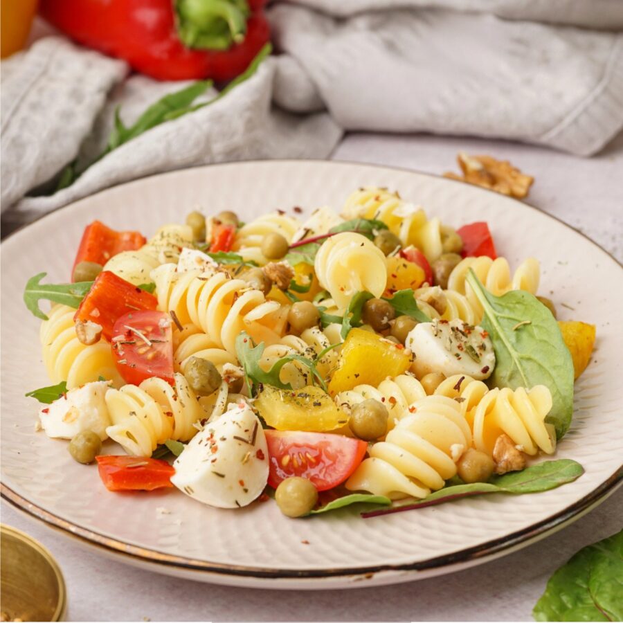 Close up image of Vegan Pasta Salad on a decorative plate