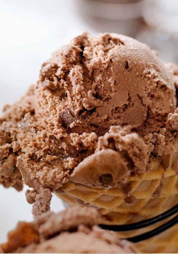 Close up image of a Brownie Ice Cream Waffle Cone