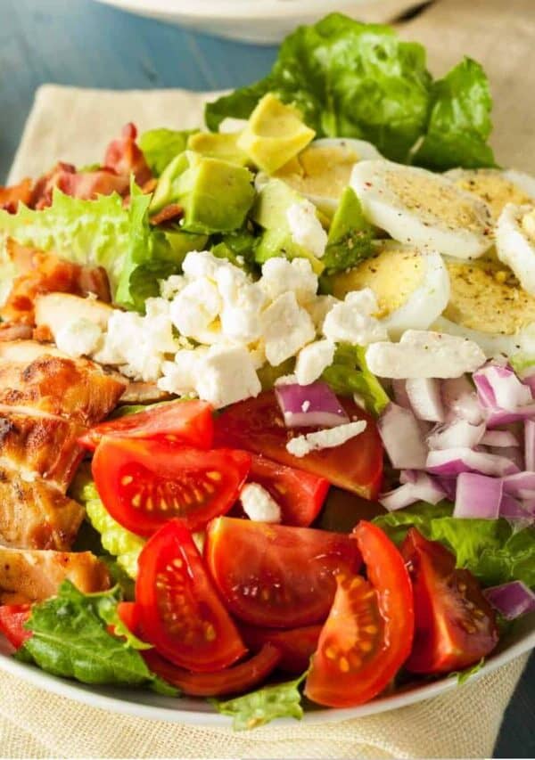 Overhead image of Chicken Cobb Salad in a large bowl