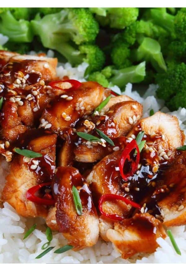 Grilled Teriyaki Chicken on a bed of rice with broccoli