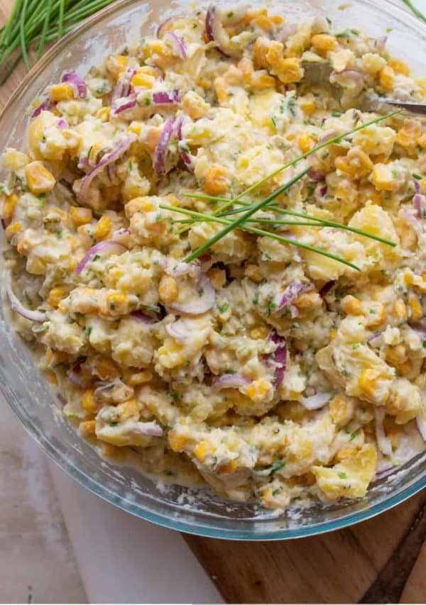 Overhead image of Vegan Potato Salad in a glass bowl