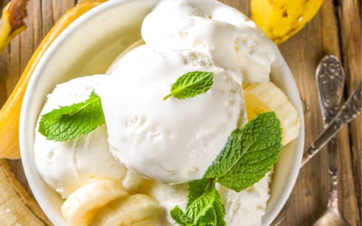 Overhead image of Banana Ice Cream on a wooden table
