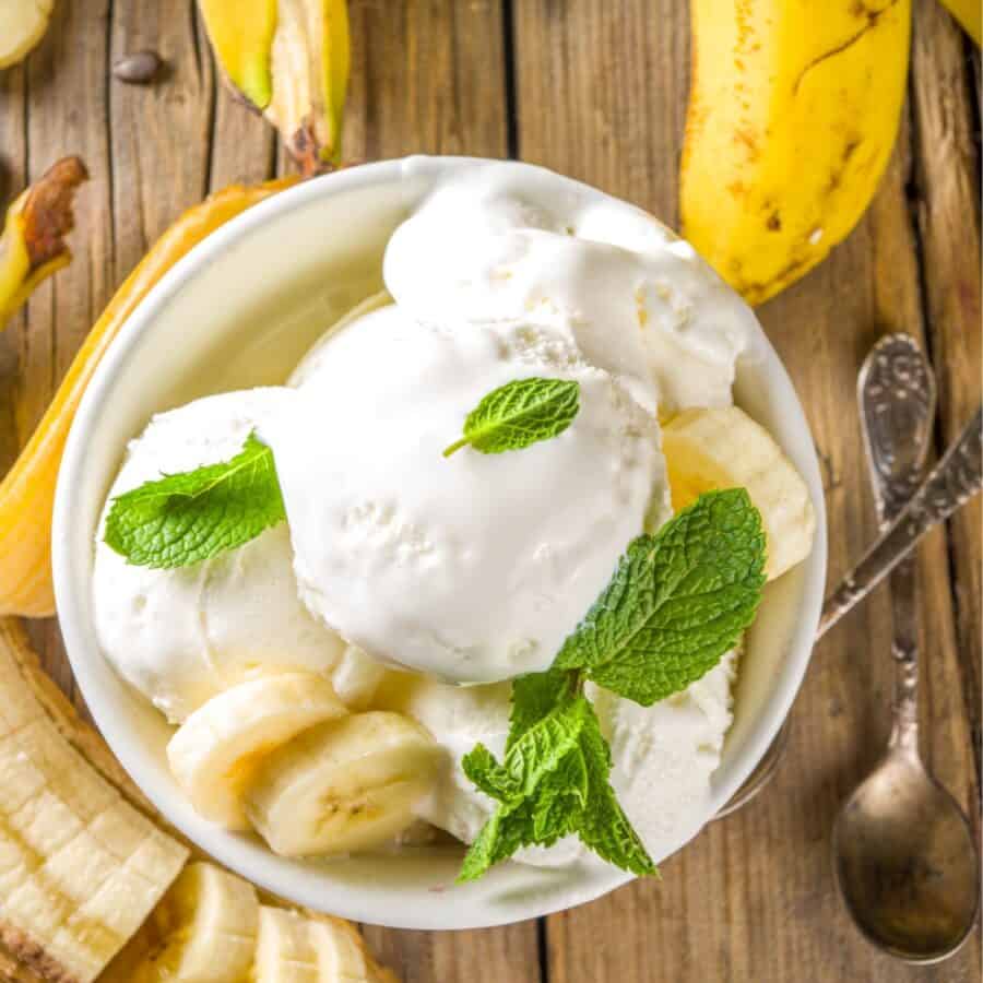 Overhead image of Banana Ice Cream on a wooden table