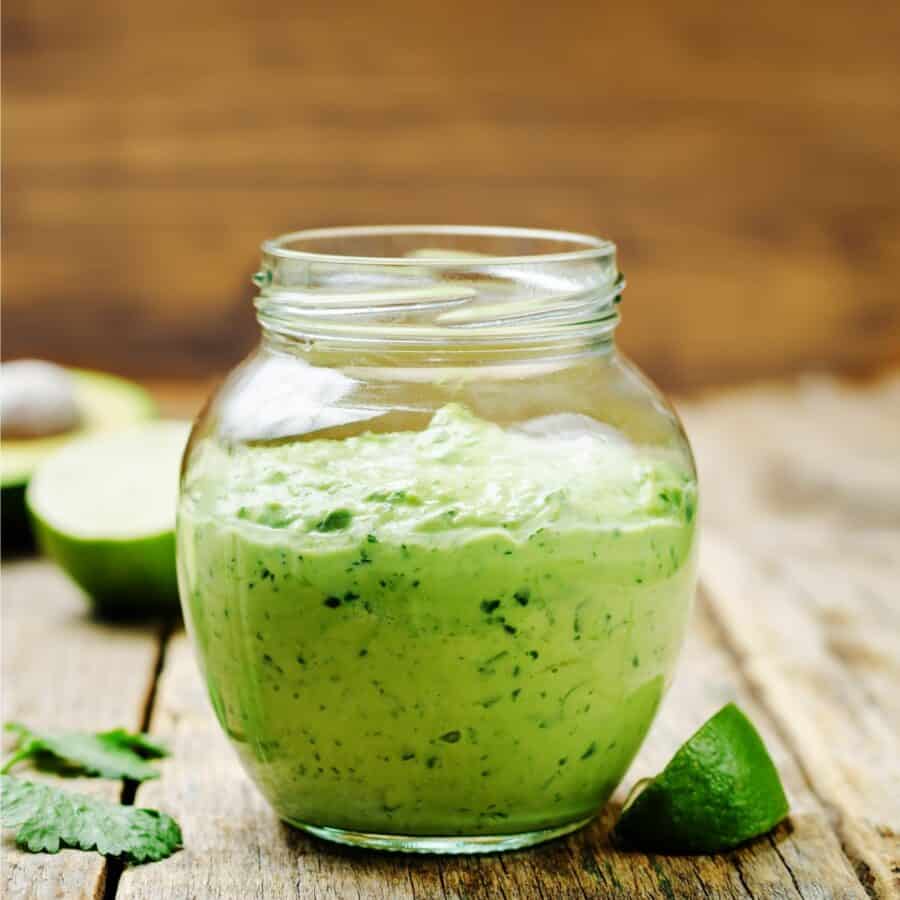 Close up image of Cilantro Lime Dressing in a glass jar