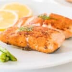 Close up image of Honey Lemon Salmon on a white plate - 9