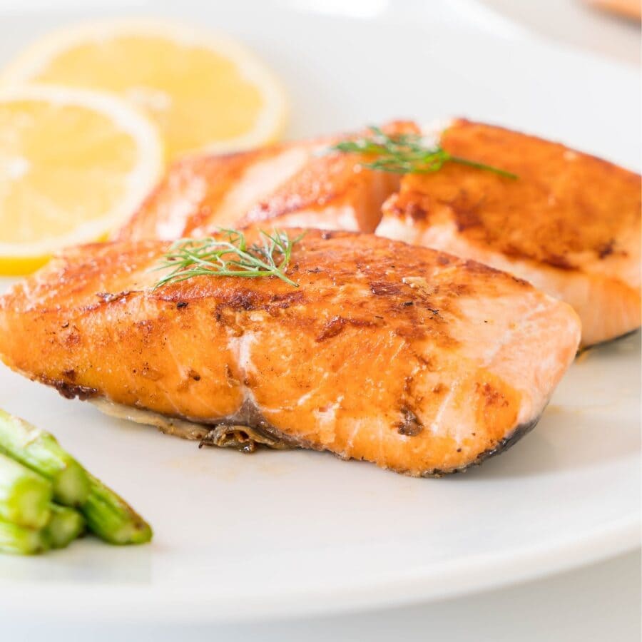 Close up image of Honey Lemon Salmon on a white plate