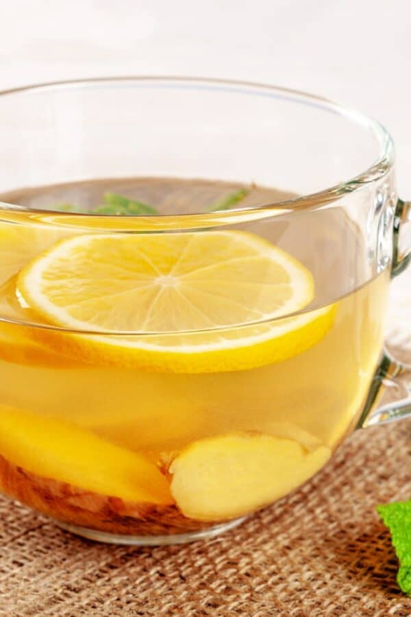 A glass mug of Lemon Ginger Tea