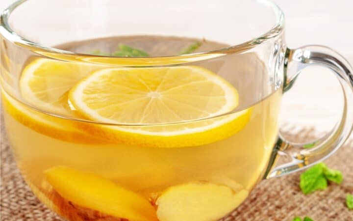 A glass mug of Lemon Ginger Tea