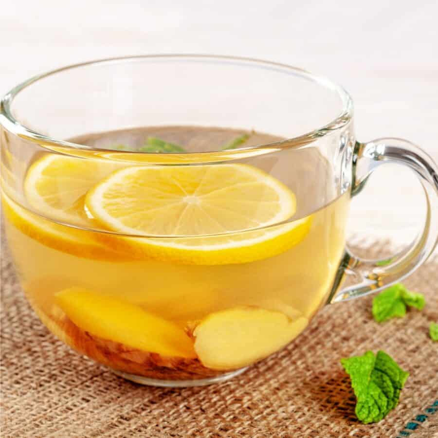 A glass mug of Lemon Ginger Tea
