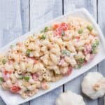 Overhead image of Macaroni Salad on a white platter - 7