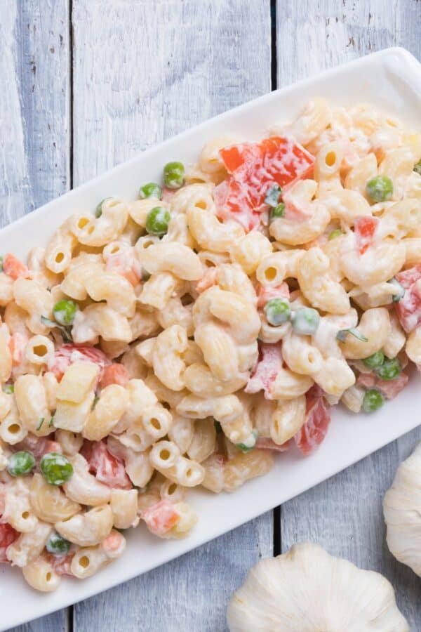 Overhead image of Macaroni Salad on a white platter