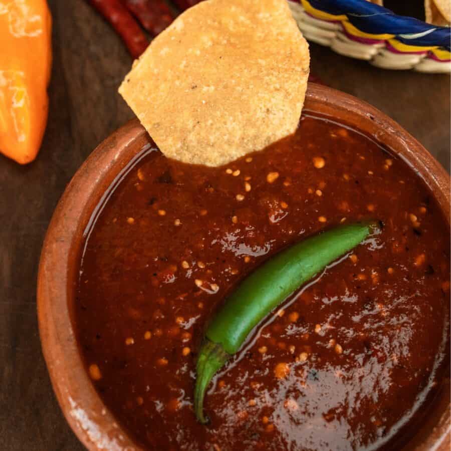 Overhead image of Salsa Roja in a brown bowl
