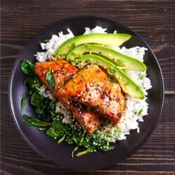 Overhead image of Sweet Chili Salmon on a a dark plate