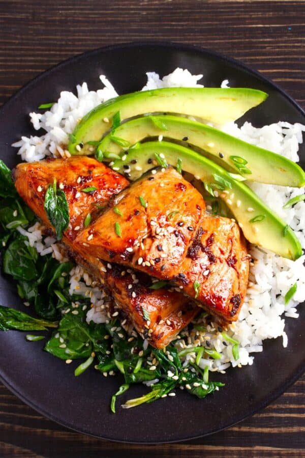 Overhead image of Sweet Chili Salmon on a a dark plate