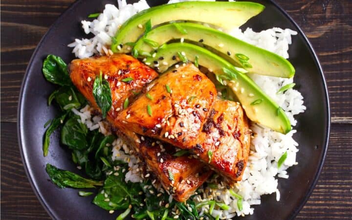 Overhead image of Sweet Chili Salmon on a a dark plate