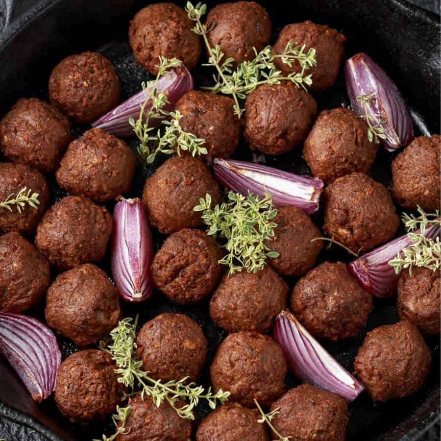 Oberhead image of Vegan Meatballs in a cast iron skillet