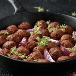 Close up image of Vegan Meatballs in a skillet