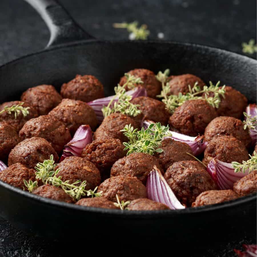 Close up image of Vegan Meatballs in a skillet