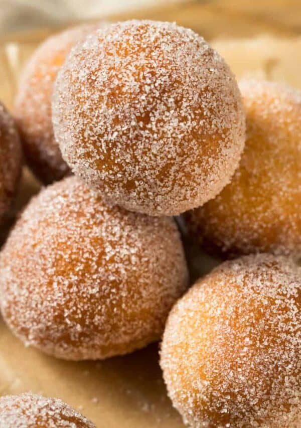 Close up image of Air Fryer Donut Holes on a neutral background