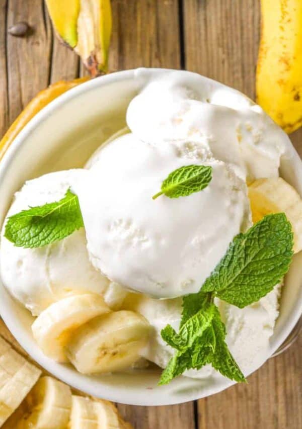 Overhead image of Banana Ice Cream on a wooden table