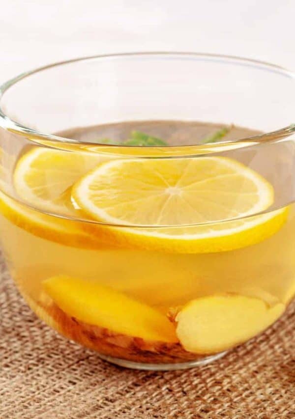 A glass mug of Lemon Ginger Tea