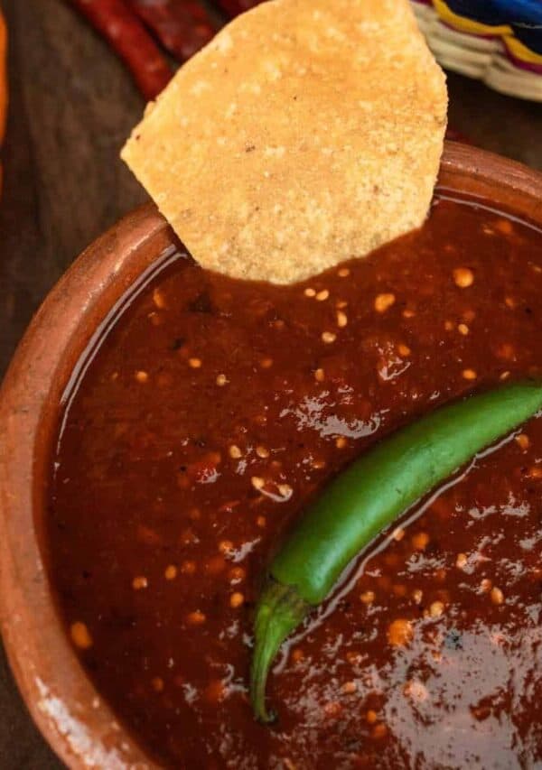 Overhead image of Salsa Roja in a brown bowl