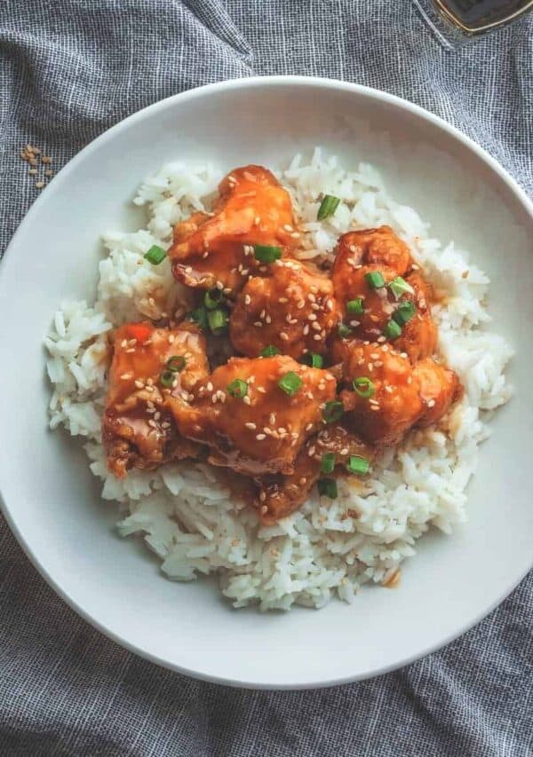 Overhead image of Sweet Chili Chicken on awhite plate with rice