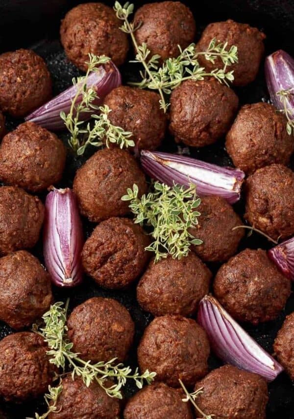 Oberhead image of Vegan Meatballs in a cast iron skillet