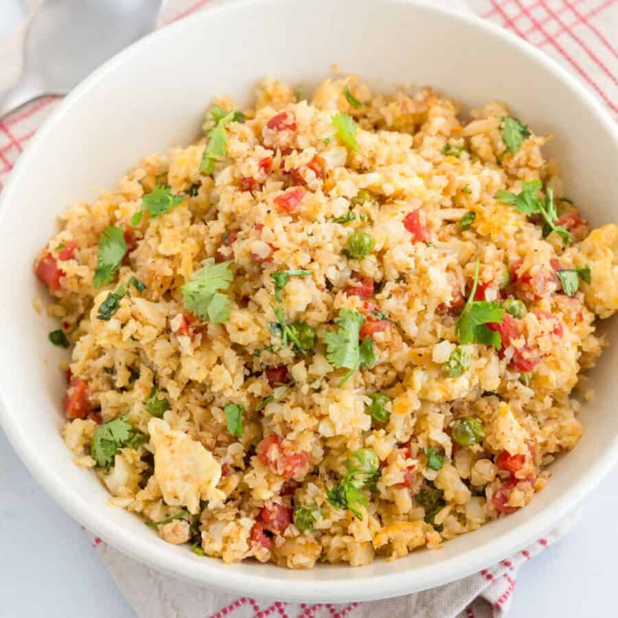 Overhead image of Cauliflower Fried Rice in a white bowl