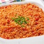 Close up image of Spanish Rice in a white bowl - 8