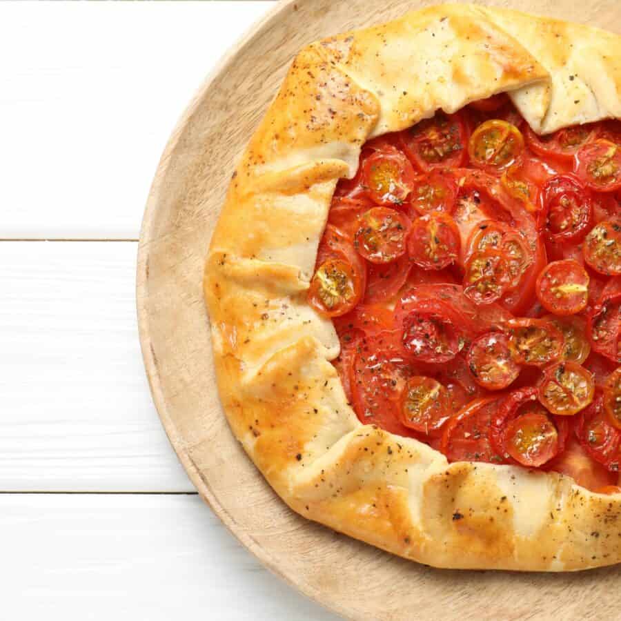 Overhead image of a Tomato Galete on a pizza stone