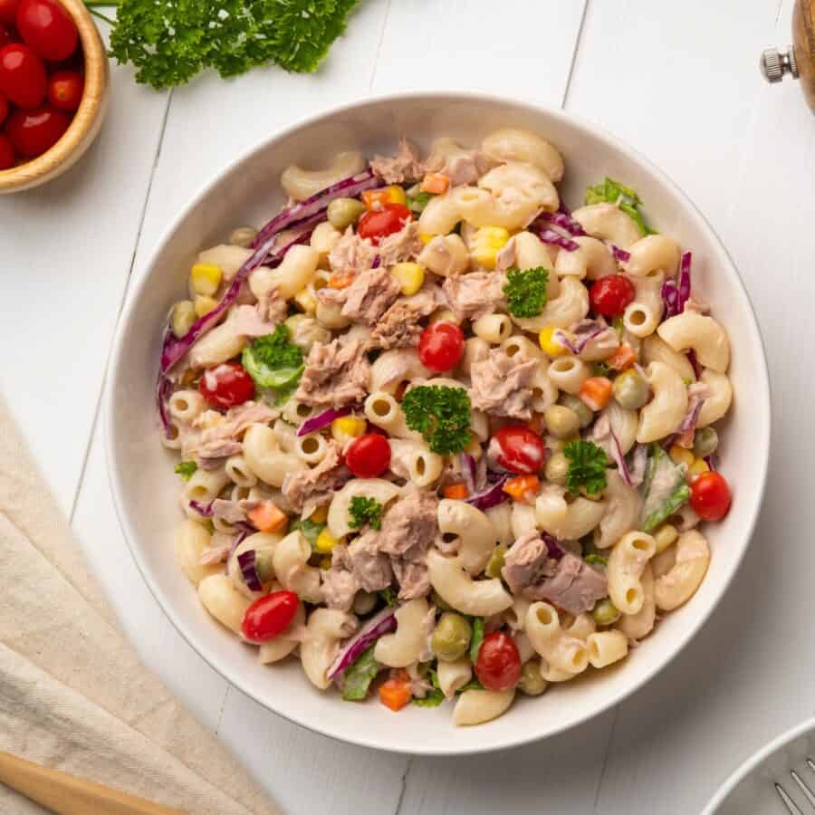 Overhead image of Tuna Macaroni Salad in a white bowl