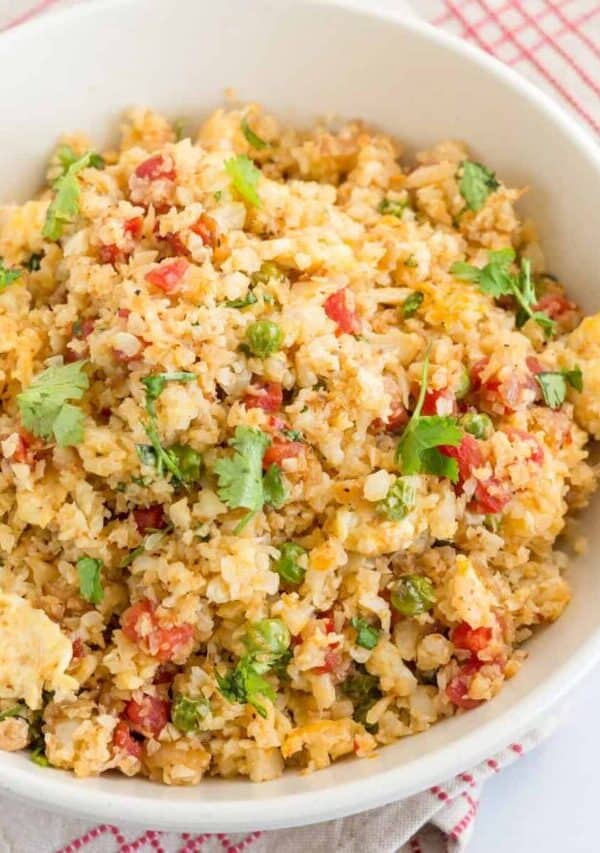 Overhead image of Cauliflower Fried Rice in a white bowl