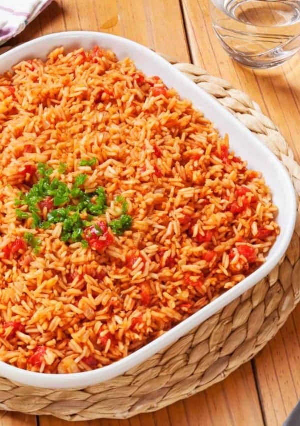 Overhead image of Spanish Rice in a square white container