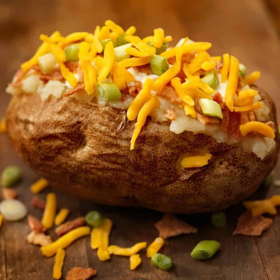 Close up image of a Jacket Potato with fixings