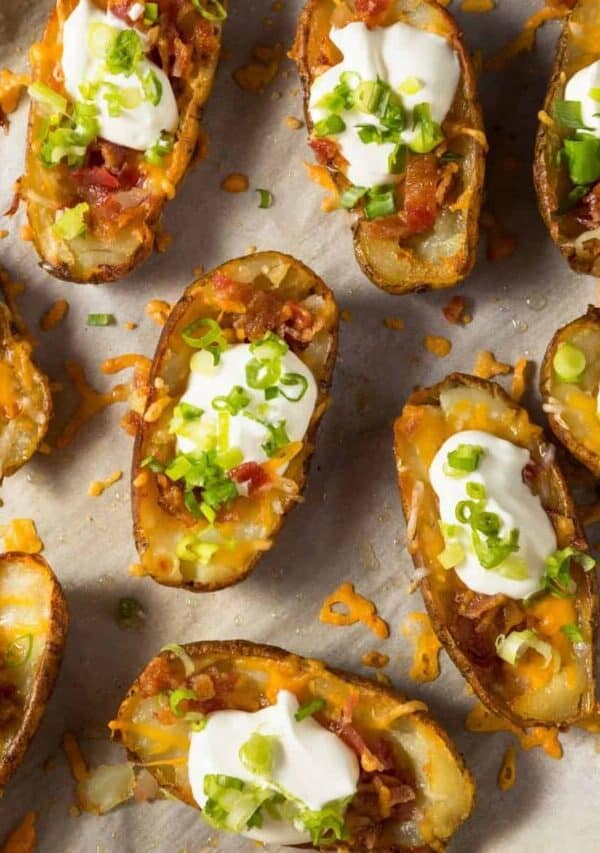 Overhead image of Loaded Potato Skins on parchment paper