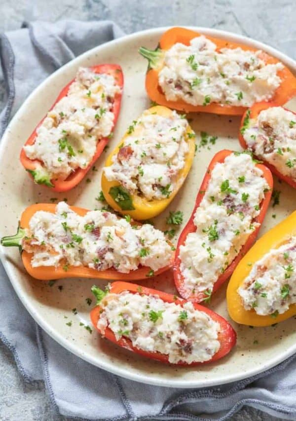 Overhead image of Stuffed Mini Peppers on a white plate