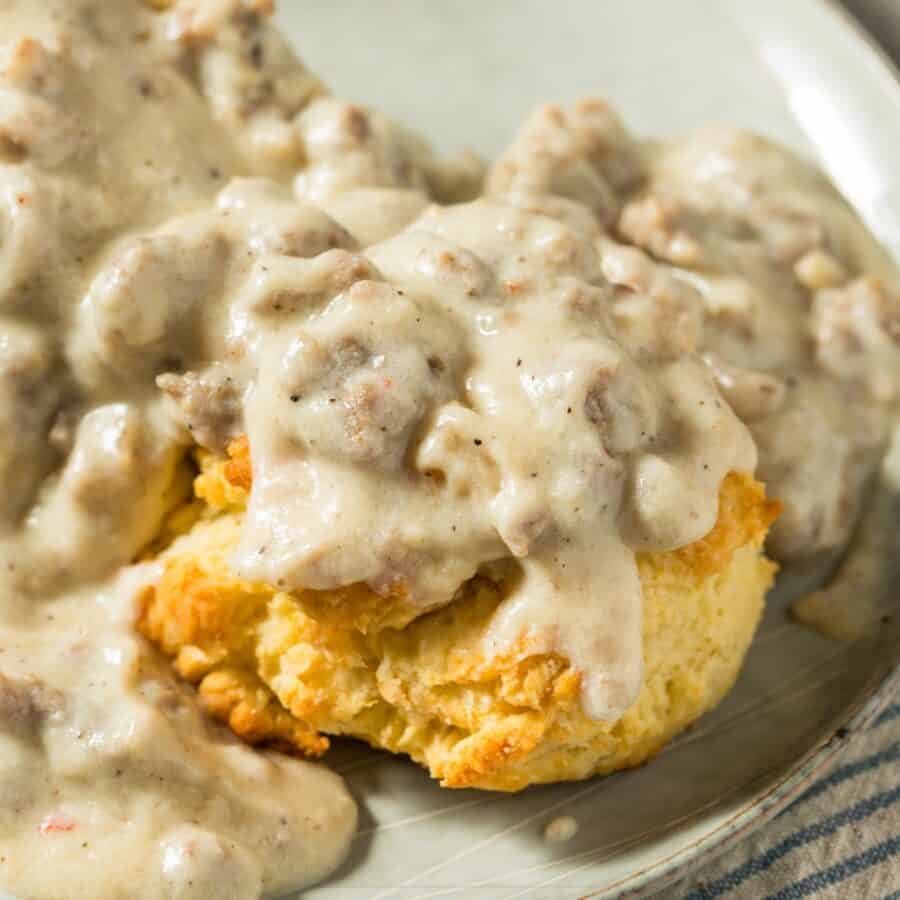 Close up image of Biscuits and Sausage Gravy on a plate
